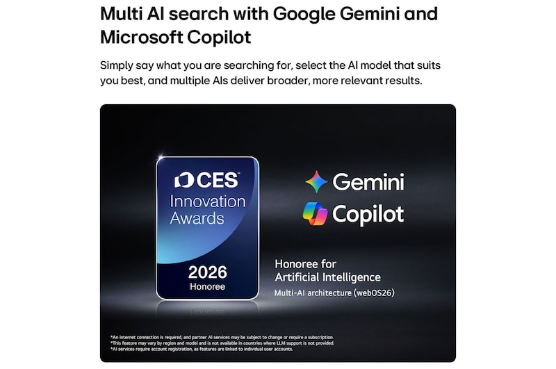 The 2026 CES Innovation Awards Honoree badge in the Artificial Intelligence category recognizes Multi-AI search with Google Gemini and Microsoft Copilot.